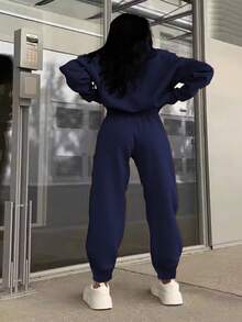 Maweii Women's Plus Size Zipper Half Placket Sweatshirt And Sweatpants Set Fall - Navy Blue - View 2