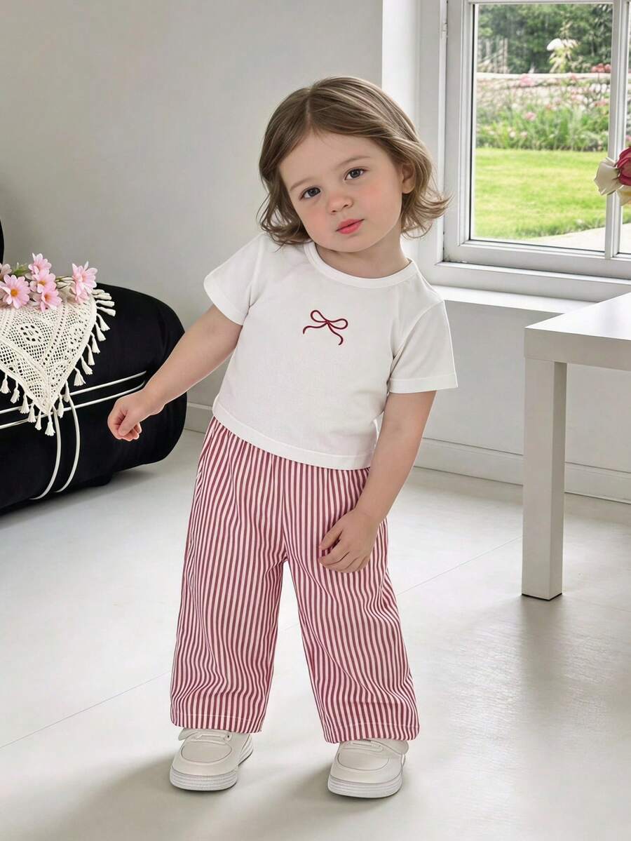 SHEIN 2件組女嬰幼兒/新生兒0-3歲可愛休閒居家/戶外條紋蝴蝶結3D蝴蝶結T恤上衣+條紋長褲套裝,嬰兒莫蘭迪藍色衣著,春/夏 - 紅色 - 查看 1