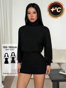 SHEIN PETITE High Neck Drop Shoulder Pleated Bodycon Dress - Black - View 9