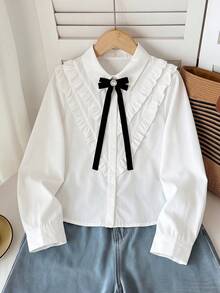 SHEIN Tween女孩返校季百搭百搭白色襯衫，可休閒或正式穿著 - 白色 - 查看 3