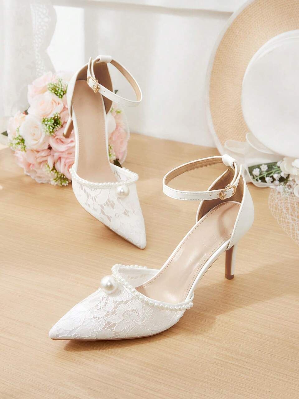 CUCCOO HITCHD New Beige Pointed Thin Heel Pearl Mesh Flower Fashion Elegant High-End Women's High-Heeled Shoes Fall Shoes