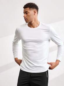 Driftmere Men's Casual Solid Color Round Neck Long Sleeve T-Shirt, For Fall - White - View 4