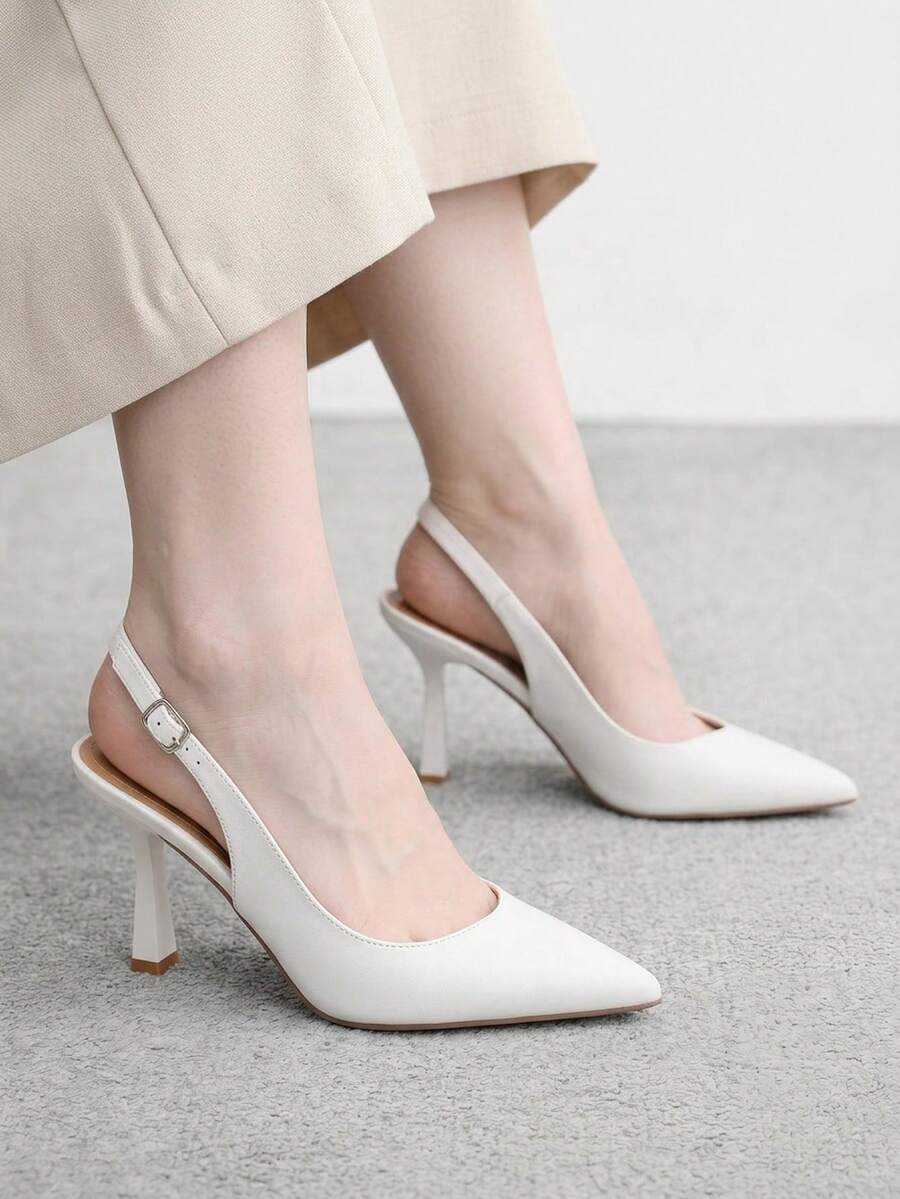 CUCCOO BIZCHIC 女款新款米色尖頭細高跟後扣slingback鞋,簡約時尚優雅性感,適合派對、通勤上班穿著 - 白PU - 查看 1