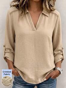 Linhara CURVE Plus Size Women's Khaki Long Sleeve Shirt, Casual Kawaii, Simple Collar Design, Hollow Lace Patchwork, Fall Brunch Vacation - Apricot - View 3