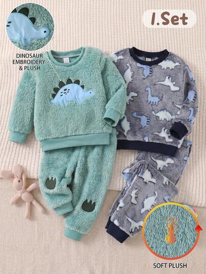 2pcs/Set Baby Boys Cute Dinosaur Embroidered Soft Comfortable Long Sleeve Long Pants Fleece Pajamas Loungewear Set