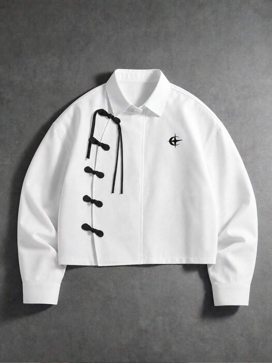 PAVTROS White New Chinese Style Shirt, Embroidered Logo, Men Summer Vacation Wear - White - View 1