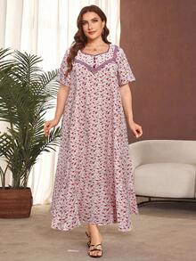 Lacomfia Plus Size Ditsy Floral Short Sleeve Ruffle Hem Casual Maxi Dress - Pink - View 3