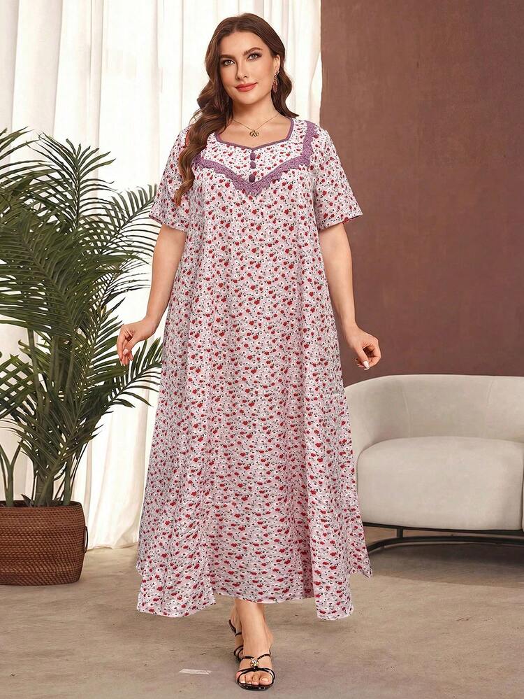 Lacomfia Vestido maxi casual con volantes en el bajo, manga corta y estampado floral pequeño para tallas grandes - Rosa - Añade 3