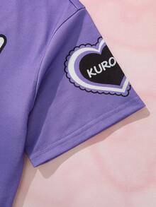 HELLO KITTY AND FRIENDS | SHEIN Set Kaos dan Celana Pendek Bergambar Kartun untuk Anak Perempuan Remaja - Purple - View 5