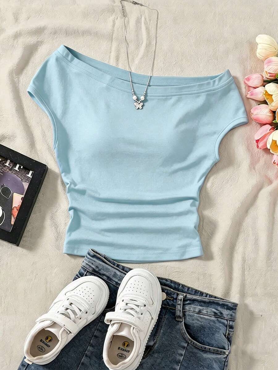 SHEIN 春/夏簡約露肩T恤,適合前青春期女孩,修身無袖上衣,柔軟彈性針織面料,優雅露肩設計,百搭休閒基本款,適合大孩子,酷女孩穿搭,舒適短袖,適合學生日常穿著與休閒度假 - 藍色 - 查看 1