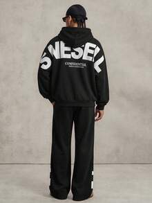 PAVTROS Men's Young Letter Print Pocket Hoodie And Casual Long Pants Set - Black - View 4