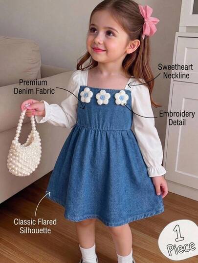 SHEIN Baby Girl Playful Cute Patchwork Ruffle Hem Long Sleeve Blue Denim 3D Yarn Flower Loose Fit Dress,Fall/Winter,For Baby Dailywear And Back-To-School