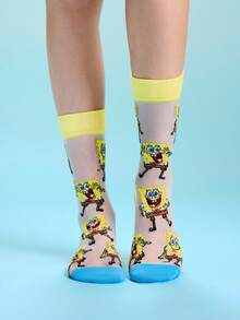 SpongeBob SquarePants | SHEIN 2雙超薄透明隱形襪，水晶絲女款中筒襪，透氣柔軟，適合春夏日常穿著 - 彩色 - 查看 6