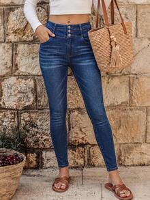 EMERY ROSE Solid Color Front Button Fitted Pockets Casual Versatile Jeans - Dark Wash - View 2