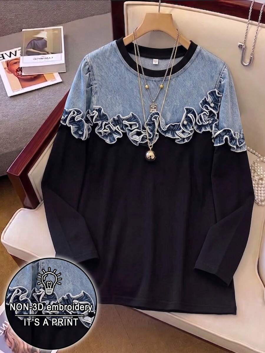 Resyla Women's Denim Effect Ruffle Hem Round Neck Long Sleeve Casual T-Shirt - Multicolor - View 1