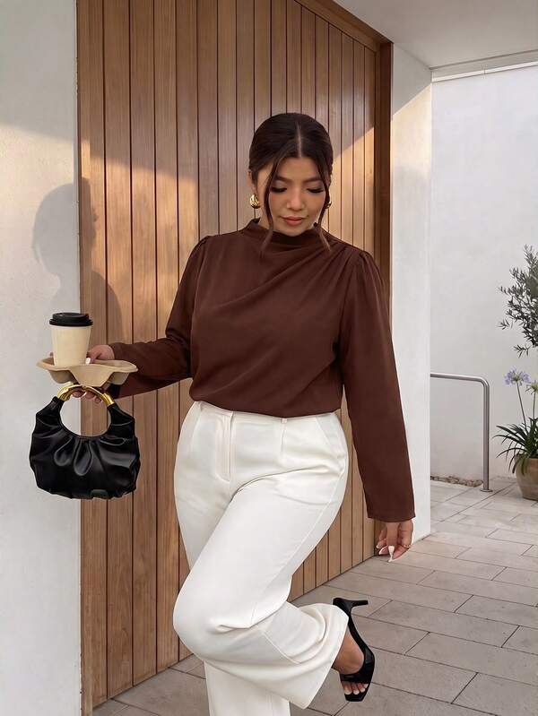 Firerie Elegant Office Commute White-Collar Shoulder Ruffle Petal Sleeve Long Sleeve Brown Blouse Vintage Pullover Shirt/Elegant, Loose-Fitting Top For The