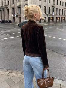 Struktiv Damen Herbst/Winter Mode Stehkragen Samt glänzend Froschknopf Kontrast Spitze chinesischer Stil Lässig Outdoor Shopping Party Jacke - Braun - Übersicht 2