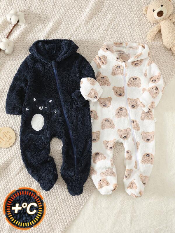 Bubblio Baby Boy Cartoon Pattern Coral Fleece Hooded Zip-Up Autumn Winter Jumpsuit Pcs