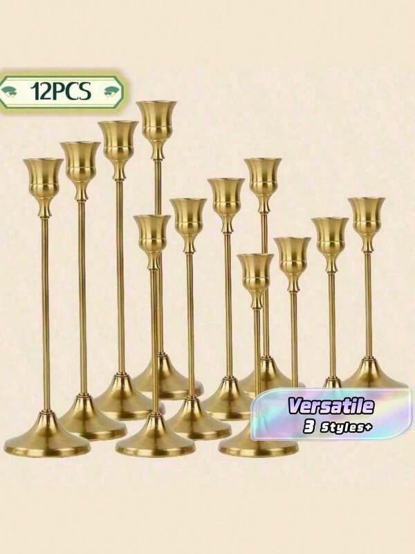 Set de 12 piezas de velas elegantes y románticas estilo europeo para cena, boda, 6 piezas de portavelas de centro de mesa, soportes de velas cónicos de metal, decoración del hogar y la habitación, regalos de cumpleaños y graduación