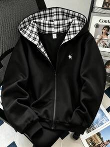 SHEIN 青少年女孩休閒時尚連帽長袖寬鬆短版運動衫外套，連帽內側格紋圖案，黑色主體，胸前白色馬匹圖案，適合度假與通勤的百搭街頭風，1件 - 黑色 - 查看 1
