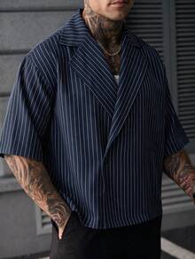 SLATEMANN 男士百搭條紋領鈕扣短袖襯衫 商務風 - 藏蓝色 - 查看 7