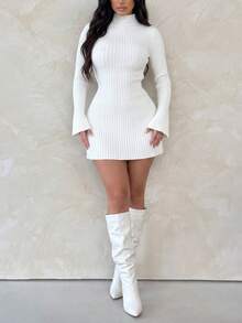 Privoire Women's Elegant Commute Solid Color Stand Collar Knit Dress - White - View 5