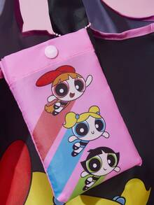 THE POWERPUFF GIRLS X SHEIN 卡通女孩印花聚酯纖維可折疊托特包，緊湊折疊設計，適用於超市購物、日常雜務與旅行使用 - 灰粉色 - 查看 4