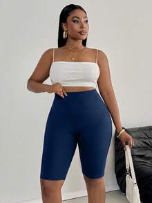 SHEIN PETITE CURVE 大尺碼女款休閒極簡純色內搭褲，適合夏季 - 藏蓝色 - 查看 5
