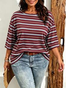 EMERY ROSE Camiseta casual de mujer talla grande con estampado de rayas y hombros caídos, adecuada para el verano - Multicolor - Ver 4
