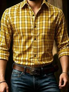 DREXORIN Men's Street Fashion Plaid Single-Breasted Long Sleeve Shirt - Yellow - View 1