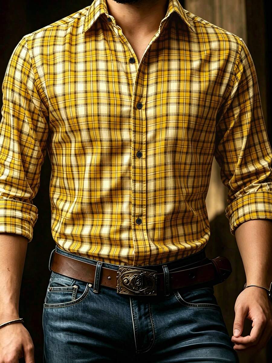 DREXORIN Men's Street Fashion Plaid Single-Breasted Long Sleeve Shirt - Yellow - View 1