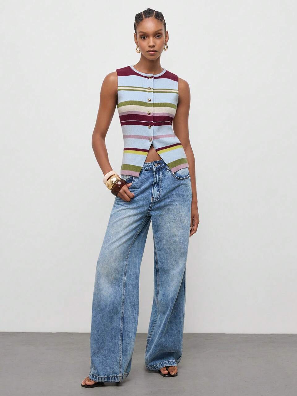 SHEIN Maija Women's Colorful Striped Knit Top With Metal Button Decoration, Sleeveless Round Neck