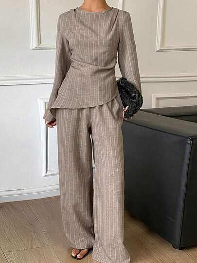 DAZY Women's 2-Piece Striped Fitted Ruched Long Sleeve Round Neck Pullover Blouse & Wide Leg Pants Set, Elegant Vacation Formal Casual Spring Autumn Outfit