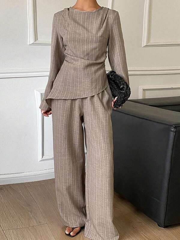 DAZY Women's 2-Piece Striped Fitted Ruched Long Sleeve Round Neck Pullover Blouse & Wide Leg Pants Set, Elegant Vacation Formal Casual Spring Autumn Outfit