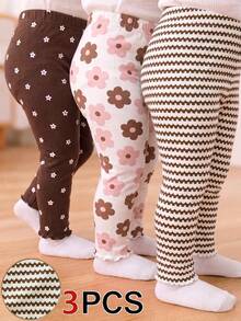 SHEIN Playful Pals 3件組幼童女童內搭褲褲子 可愛棕色粉色白色花朵條紋荷葉邊 常規款 生日派對 秋季 公主風 甜美舒適 芭蕾復古風 - 彩色 - 查看 9