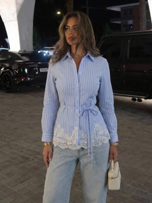 Aloruh Women's Autumn/Winter New Blue & White Striped Lace Patchwork Stand Collar Button Front Long Sleeve Blouse, Suitable For Daily, Commute, Casual, Workplace, Office