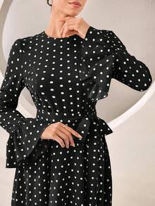 Graceveil Elegant Decent Casual Polka Dot Round Neck Flare Sleeve Cinched Cinched Waist Full Skirt Dress Formal Office Autumn - Black and White - View 3