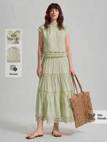 Ontre Women's Lace Patchwork Fashion Hollow Pleated Round Neck Top Sweet - Green - View 7