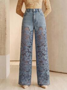 Anewsta Women's Sexy Hollow-Out Embroidered Straight-Leg Pants, Vacation Summer Promotion, Blue - Blue - View 3