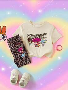 THE POWERPUFF GIRLS X SHEIN 女嬰可愛卡通印花圓領短袖T恤與喇叭豹紋印花褲套裝 - 杏色 - 查看 3