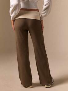Athîral Women's Casual Y2k Brown Contrast Low-Rise Waist Straight Leg Pants, Daily Wear, Soft And Comfortable Knit, Home Wear, Back To School, Gym - Brown - View 2