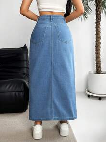 EMERY ROSE Women's Pocket Design Slit Hem Long Straight Casual Denim Maxi Skirt - Medium Wash - View 3