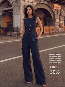 Anewsta 夏季新款優雅休閒風貼花無袖上衣與長褲兩件套女裝，適合早午餐、茶會，海軍藍花卉 - 藏蓝色 - 查看 5