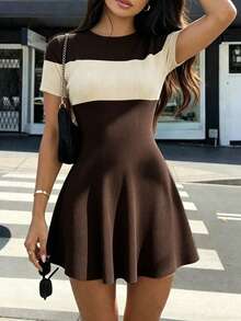 Elenzga Women's Round Neck Colorblock Casual Daily Short Dress - Brown - View 6