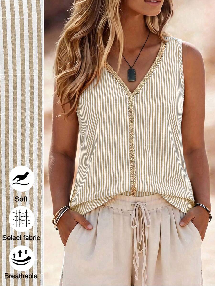 SHEIN LUNE CURVE Blusa tipo tank top para mujer talla grande, cuello en V, a rayas con patchwork, ribete de encaje dorado, estilo campestre casual y cómodo para vacaciones, holgada, de tela suave, para exterior y estilo pastoral - Caqui - Ver 1