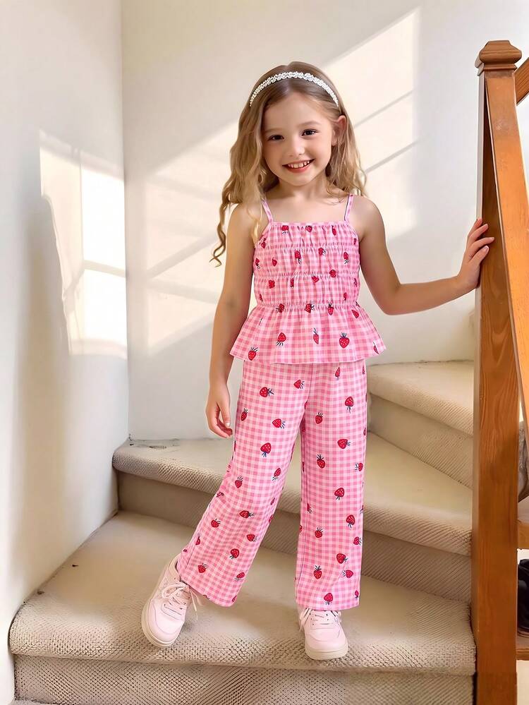 SHEIN Elladie kids 女童可爱条纹蝴蝶结印花吊带背心和阔腿裤套装，夏季 - 粉色 - 查看 1