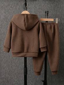 Young Boy Textured Hoodie And Pants Set Casual Kangaroo Pocket Brown Fall Outfits - Coffee Brown - View 2