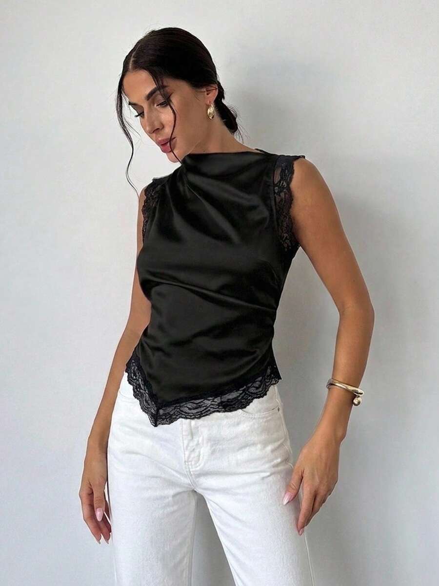 Firerie Black Sleeveless Satin Lace Patchwork Asymmetric Top For Ladies Bussines Casual Sexy Elegant Summer Teacher Going Out Night Out Date Night Holiday