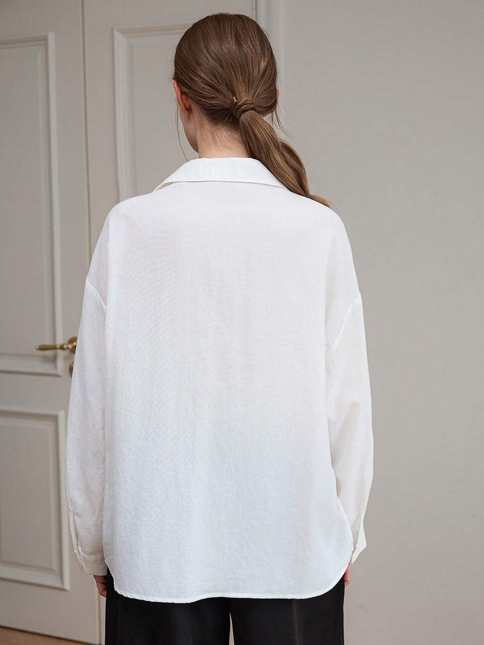 Women's Loose Casual White Solid Color Asymmetric Collar Long Sleeve Shirt Fall
