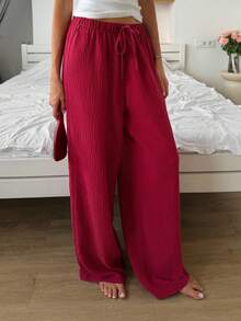 DAZY Women's Comfortable Casual Textured Drawstring Waist Long Pants Pajama Bottoms Fall - Burgundy - View 6